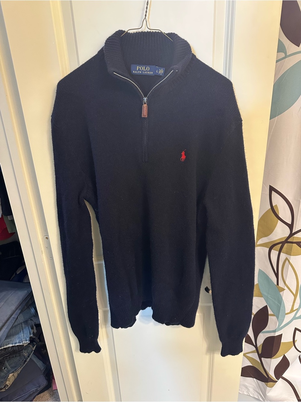 Polo Ralph Lauren Navy Quarter Zip Cotton Knit Sweater Red Pony Size Large